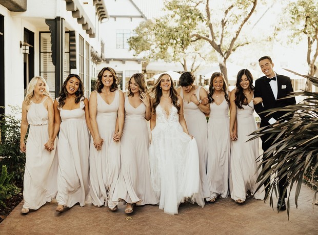 bridesmaids in neutral dresses