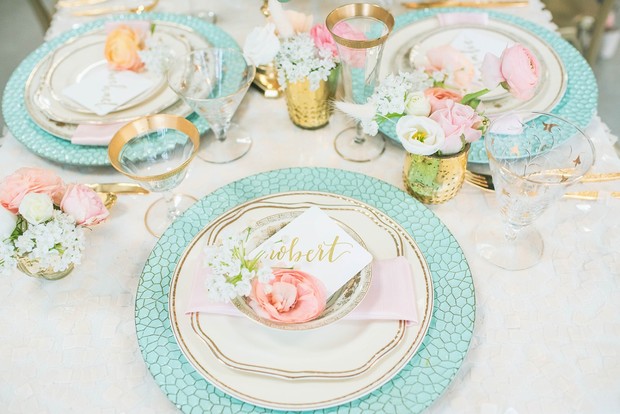 blue and gold reception place setting