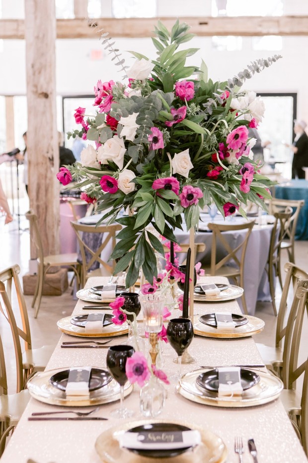 pink and black wedding reception table