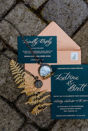 Elegant wedding invitation suite with watch and fern