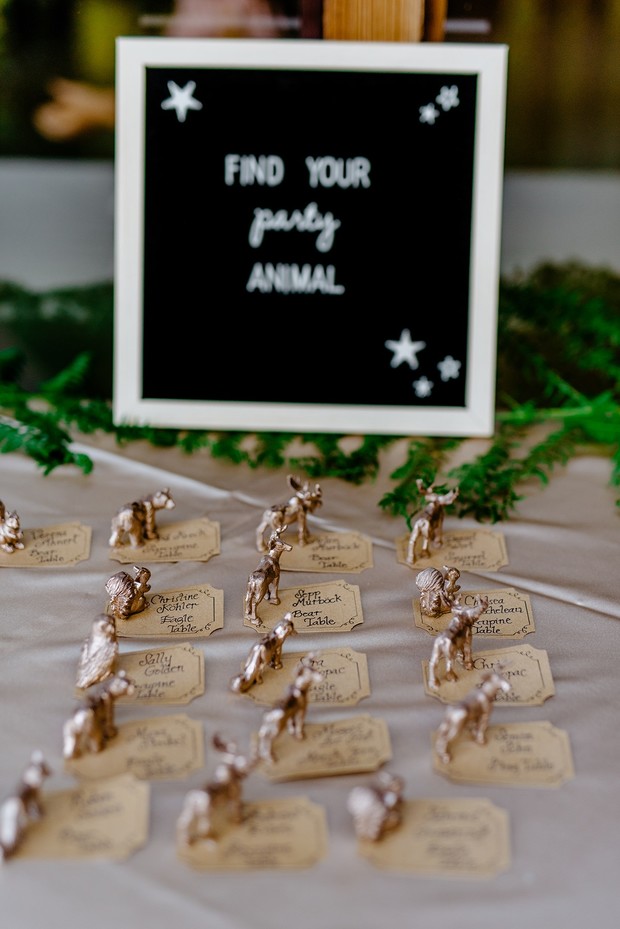 Wedding seating chart with animal figurines and Find Your Party Animal sign