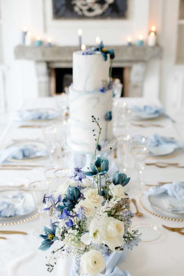 crisp blue and white wedding table decor