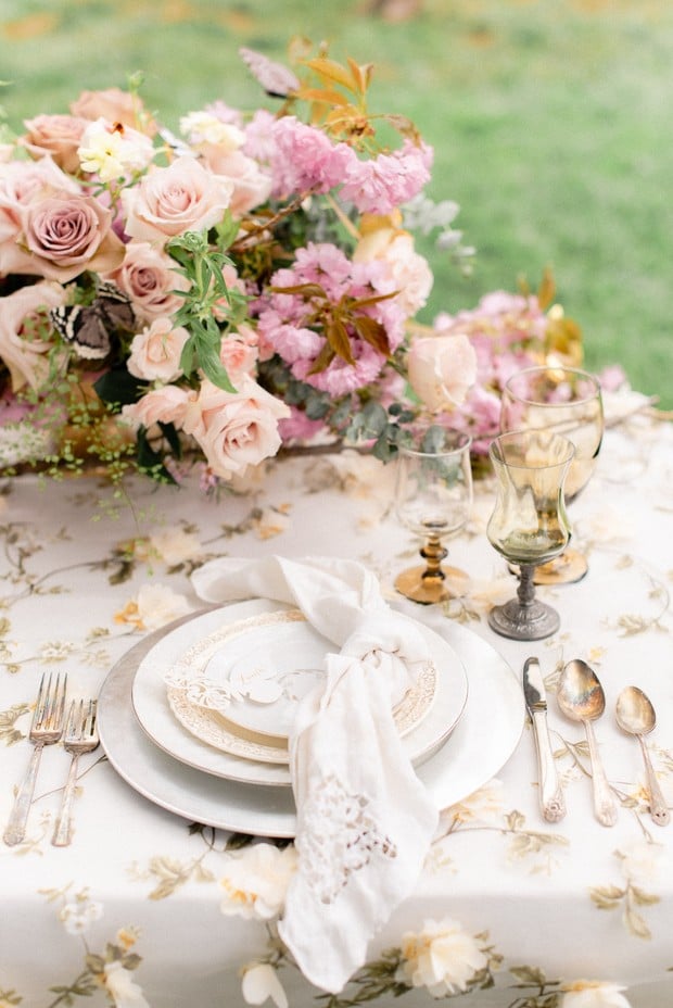 pink and gold floral garden wedding table decor