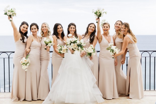 bridesmaids in neutral dresses
