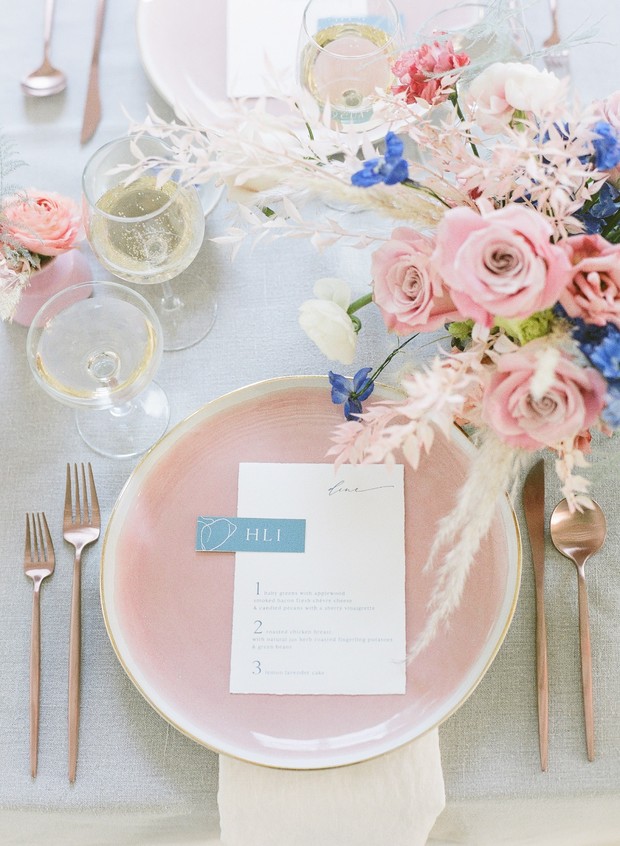 soft pink and blue modern wedding place setting