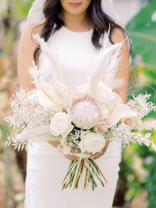 neutral and dried floral wedding bouquet