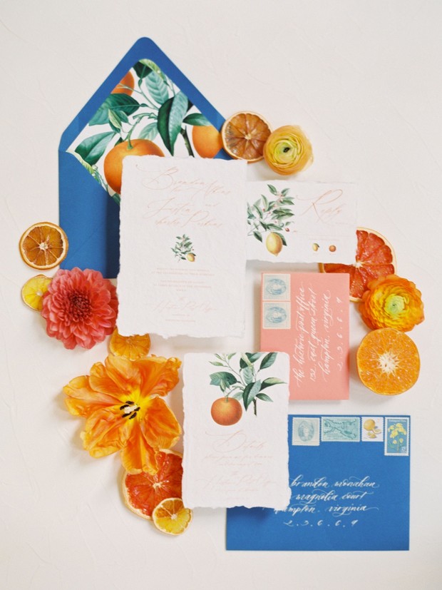 Elegant citrus themed wedding invitations stationery set