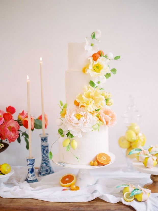 yellow and blush wedding cake