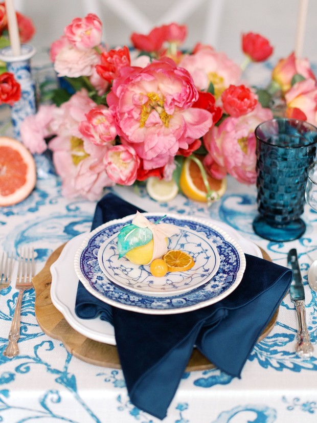 blue patterned china wedding place setting