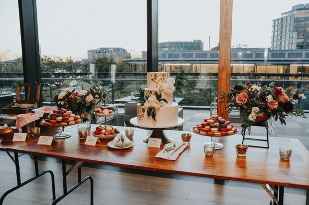 wedding dessert table and gold foil wedding cake