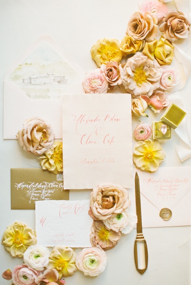 blush and gold wedding invitation suite