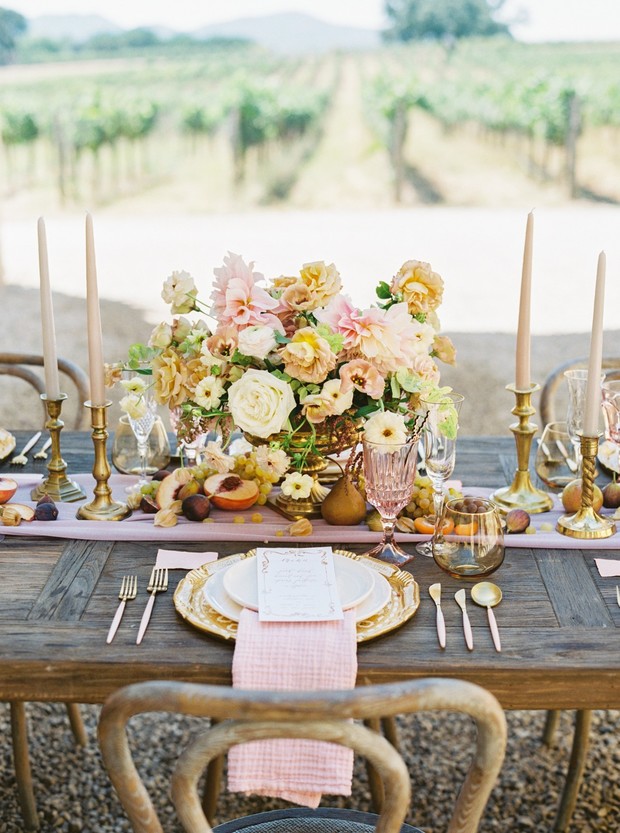 gold and pink vintage vineyard wedding table decor
