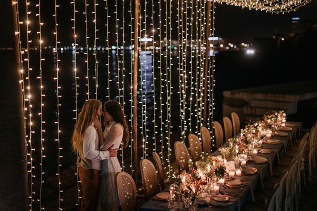canopy of twinkle lights for wedding reception