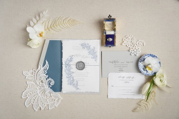 blue and white wedding invitation suite