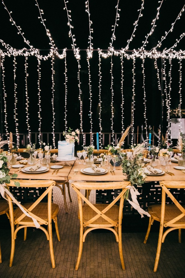 wedding reception decor with string lights