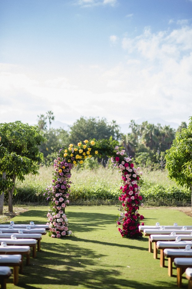 color block floral wedding arbor