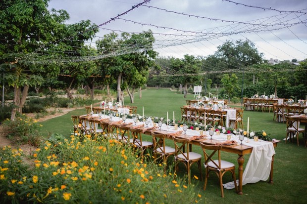 outdoor wedding reception under twinkle lights