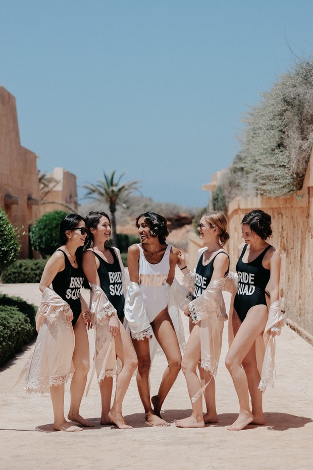 bridesmaids in matching swimsuits