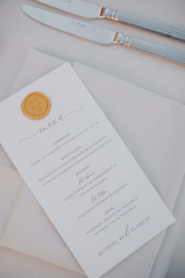 wedding menu with gold stamp