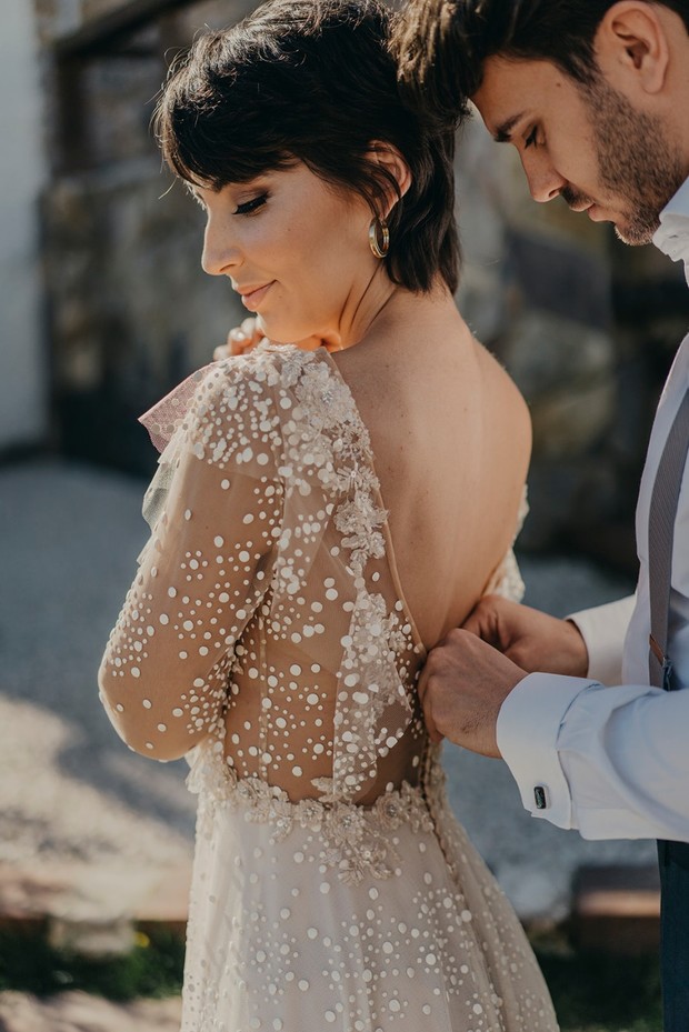 low back wedding dress with sleeves