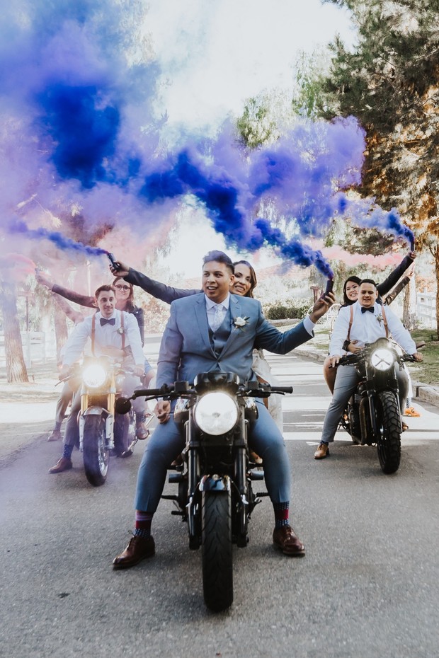 wedding smoke bombs and motorcycles
