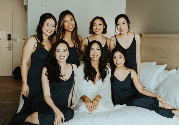 Bride and bridesmaids wearing matching slip dresses