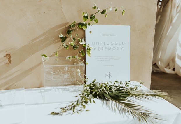Unplugged wedding ceremony sign and card box decor