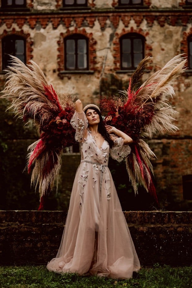 Bridal portrait with angel wings