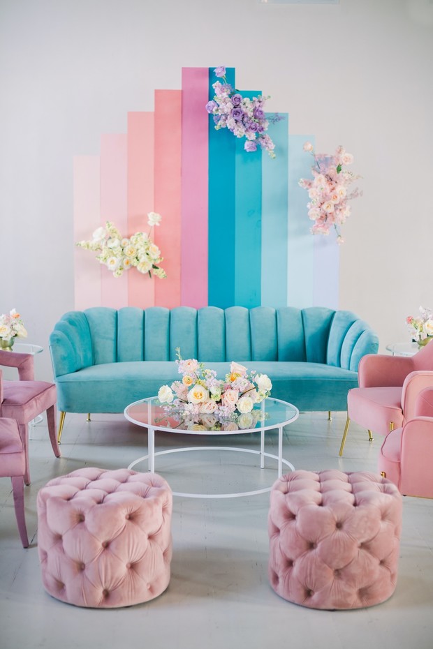 pastel rainbow wedding lounge