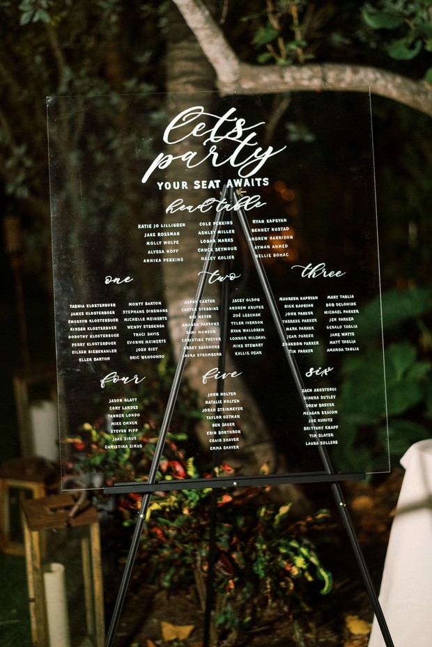 Elegant wedding seating chart, party guest names and table numbers