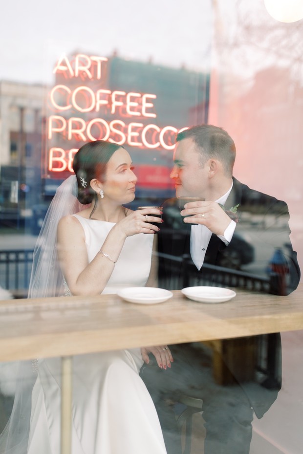 bride and groom getting coffee