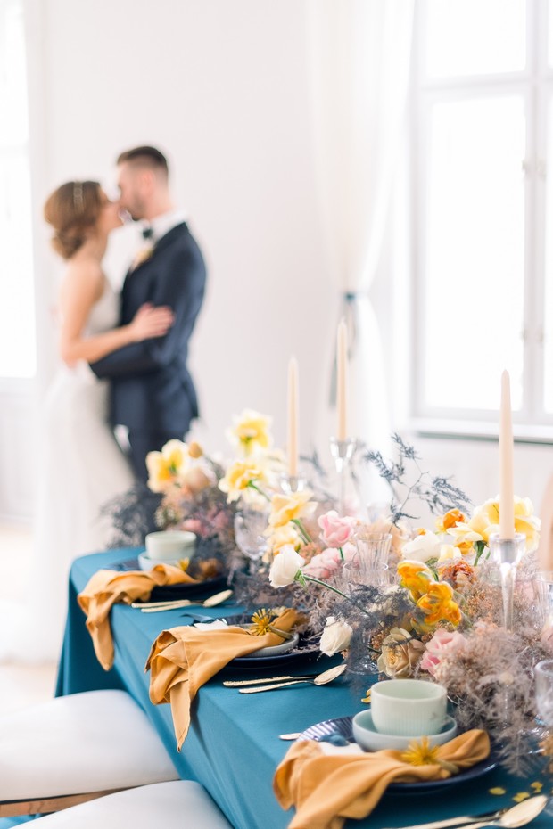 blue and gold reception decor