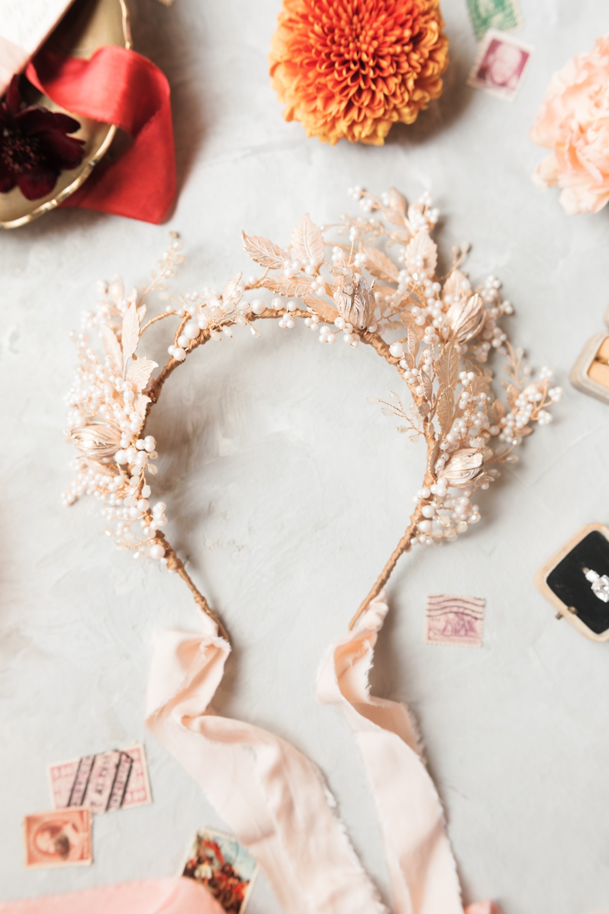 Floral bridal crown with ribbon and decorative elements