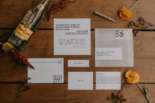 Elegant engagement announcement with rustic decor and stationery