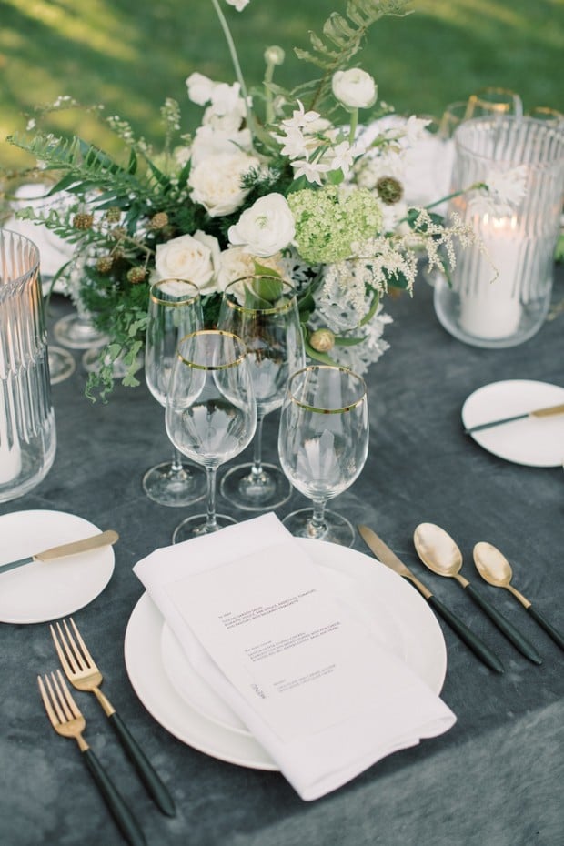dusty charcoal and white wedding table decor