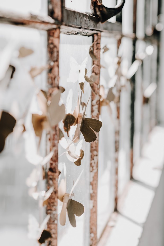 Paper butterflies suspended by a window create a warm and airy atmosphere