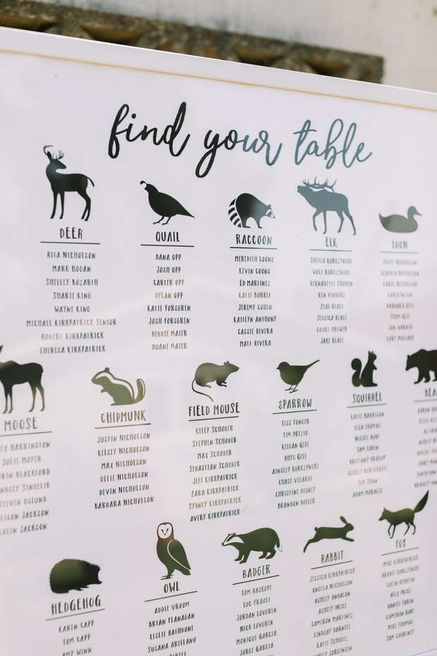 Wedding seating chart with animal illustrations and names