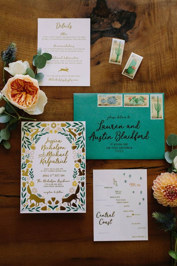 Elegant wedding invitation suite with floral animal motif