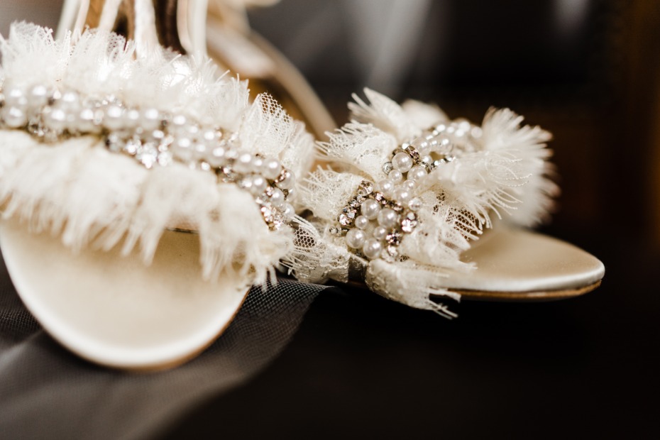 white wedding shoes with pearls and diamonds