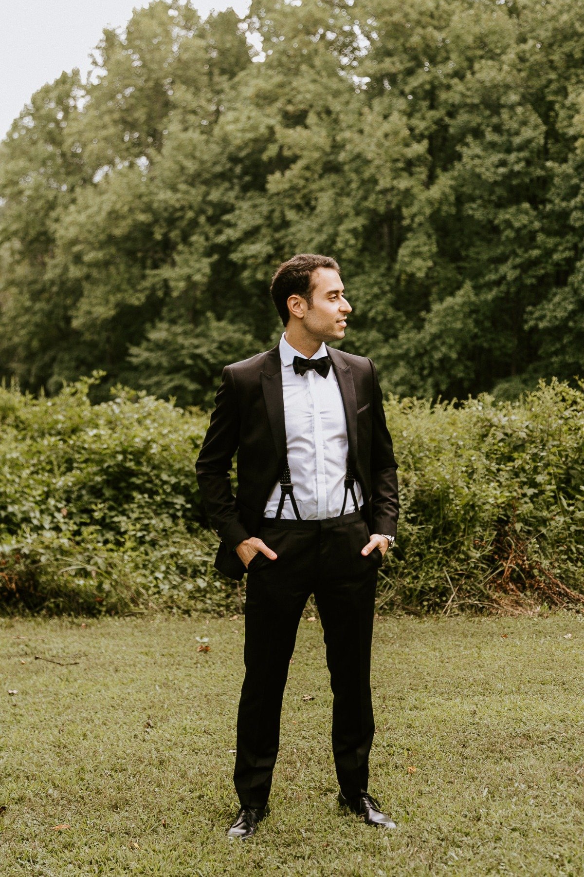 Groom outfit ideas - Black Tux with suspender