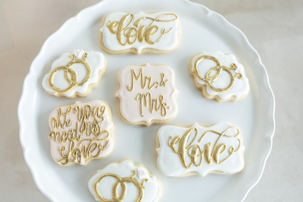 wedding cookies with gold icing