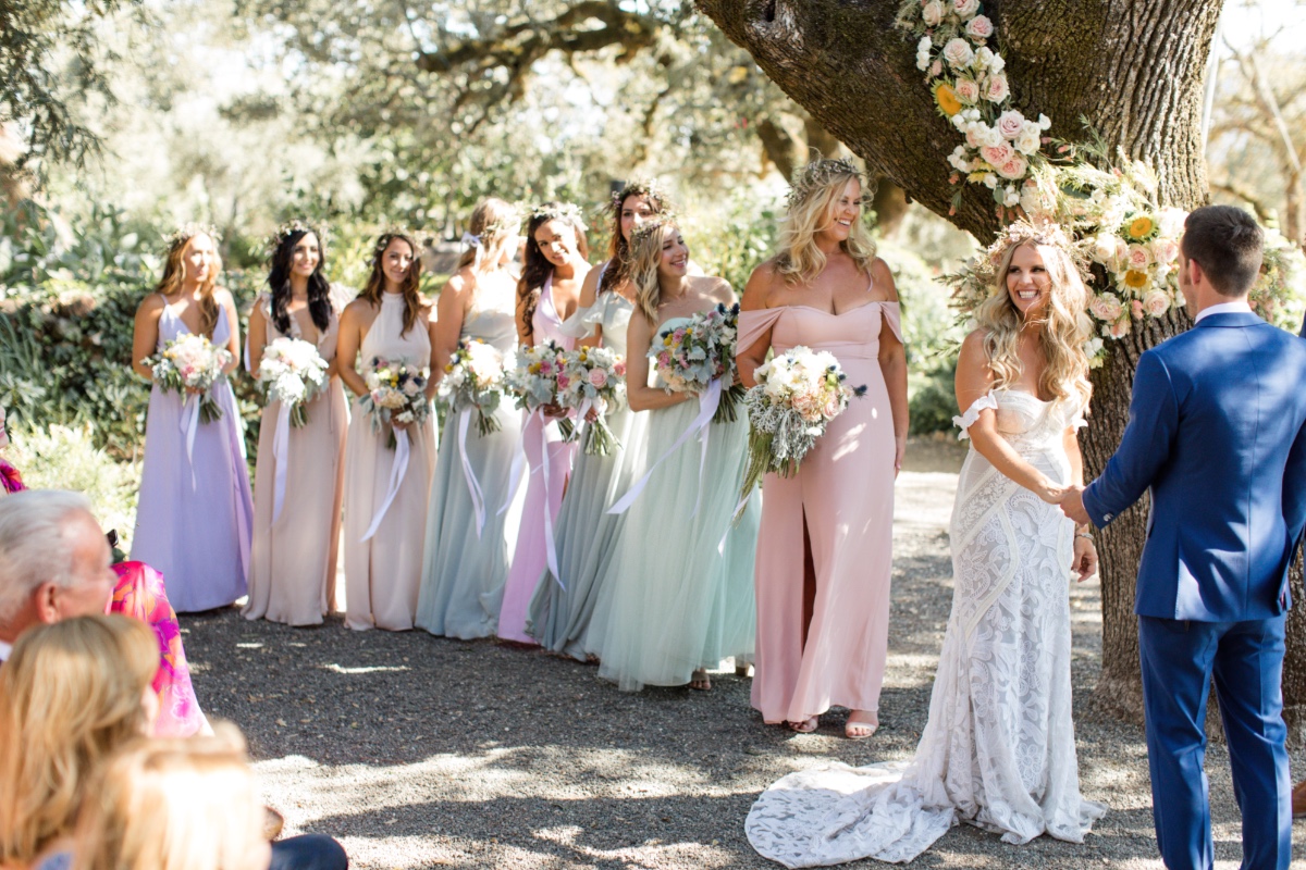 mistmatched pastel bridesmaid dresses