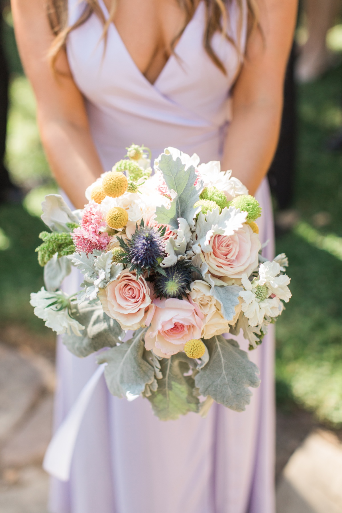 lambs ear, billy button and rose bridesmaid bouquet