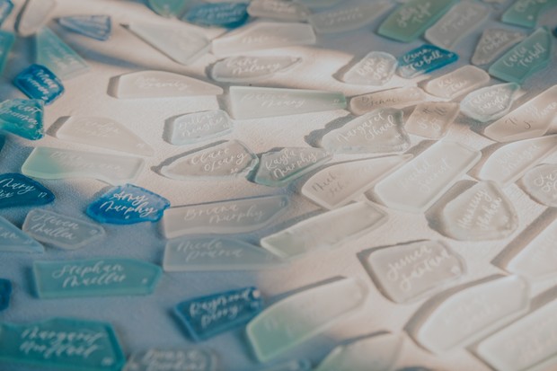 sea glass used as escort cards