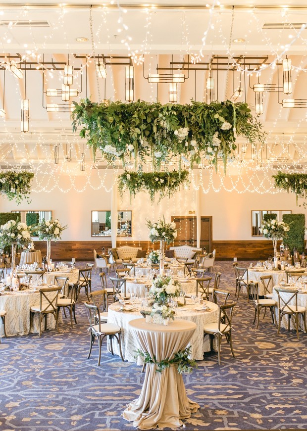 wedding lighting design and hanging greenery