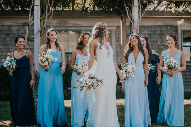 mismatched long blue bridesmaid dresses