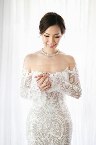 off the shoulder lace wedding dress with illusion back