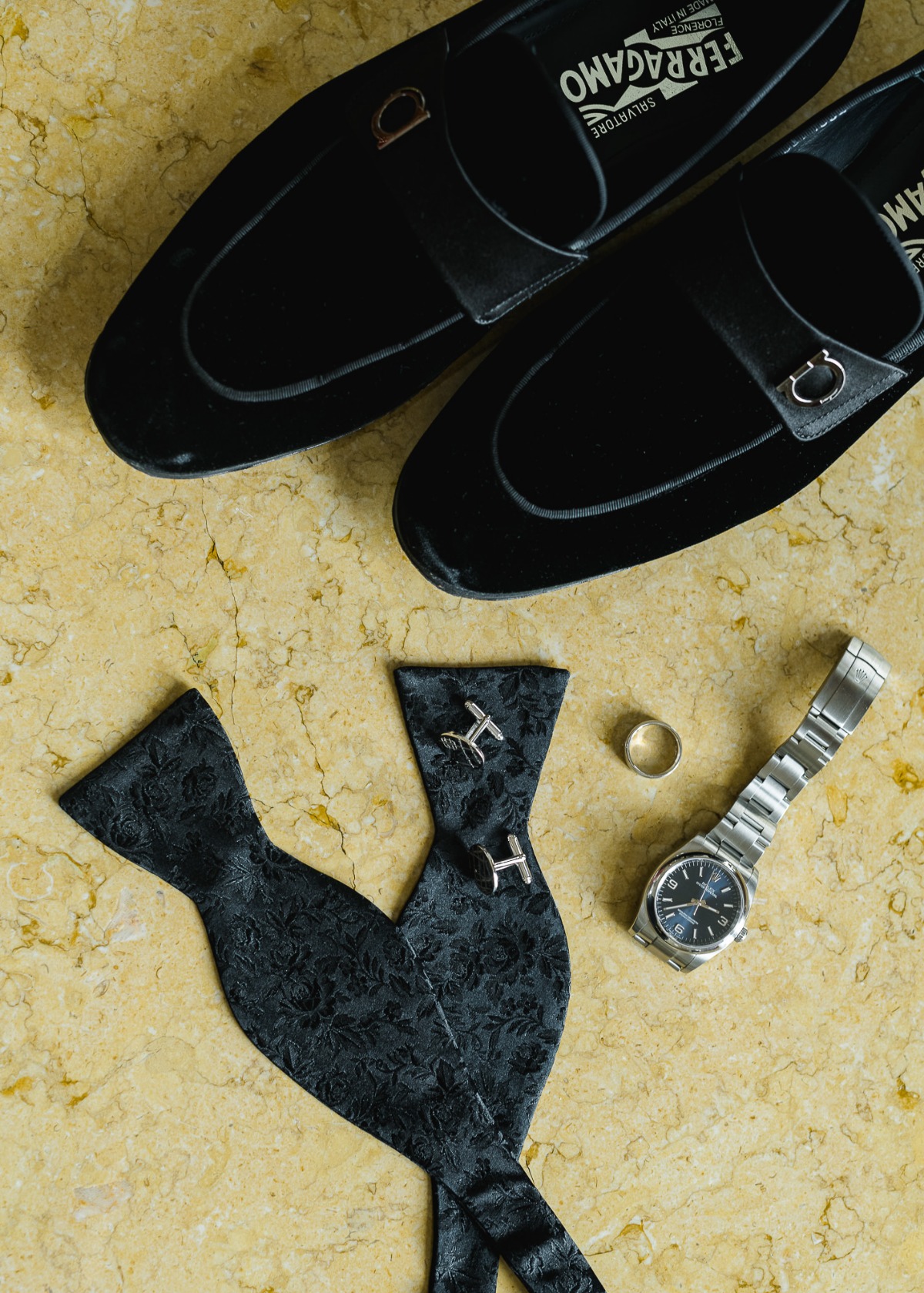 Elegant black accessories for a wedding day preparation