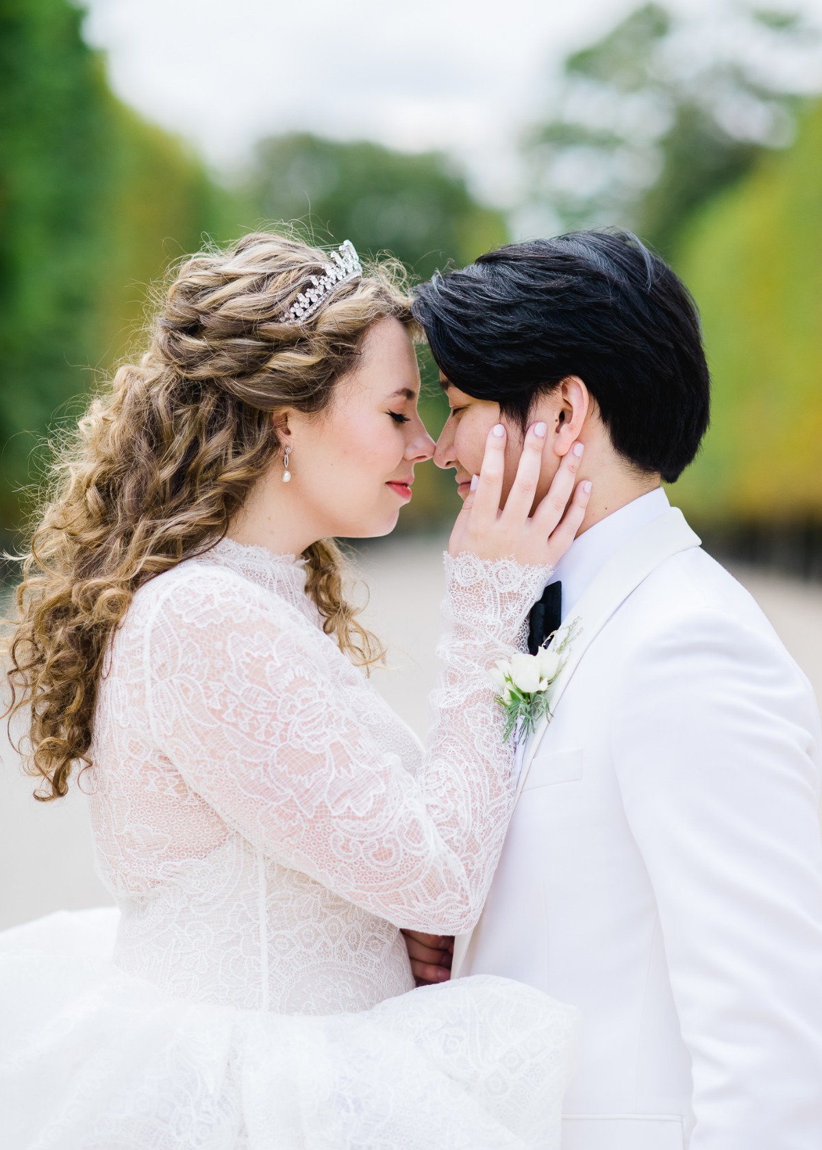 Happy couple sharing an intimate moment on their wedding day