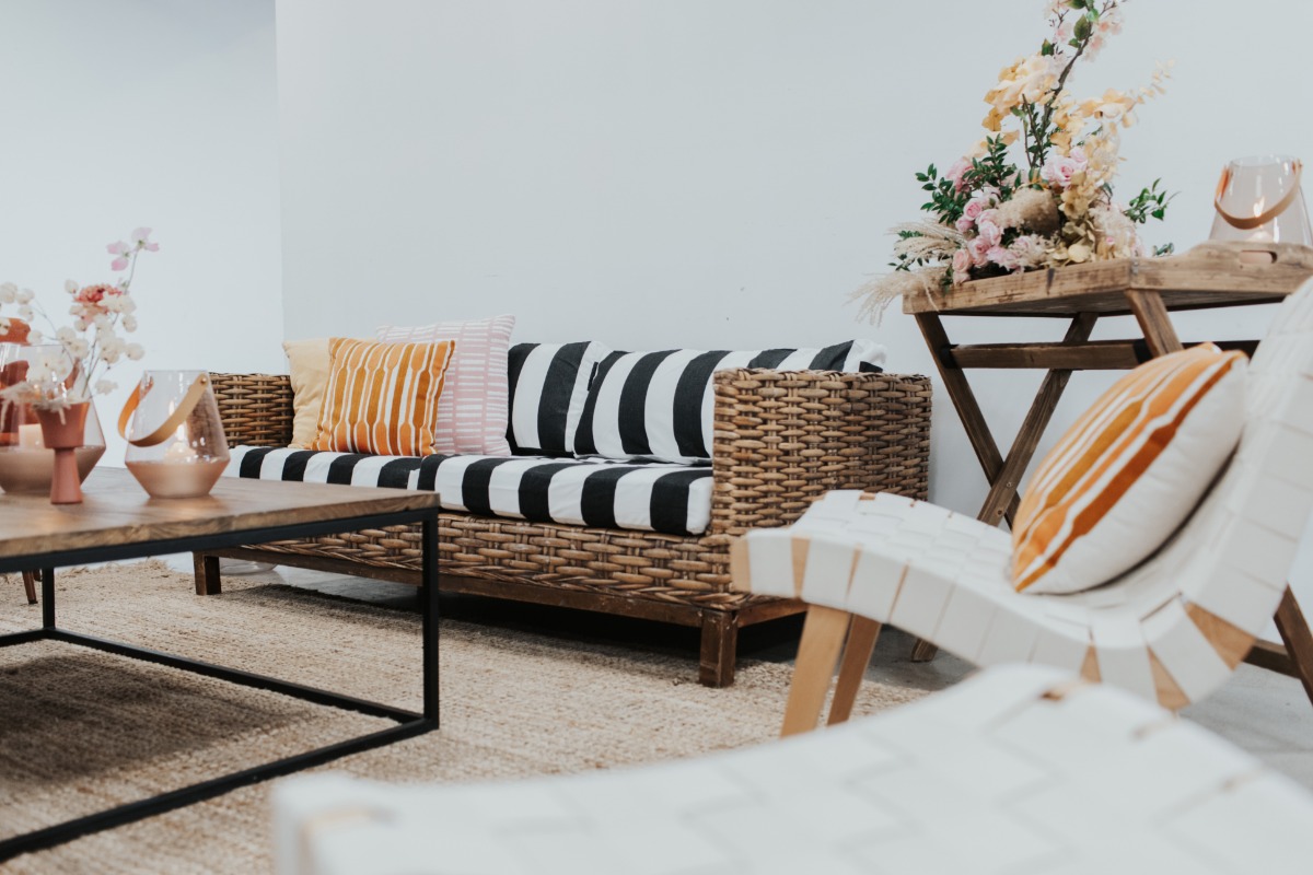 Cozy living room with a striped couch and decorative pillows